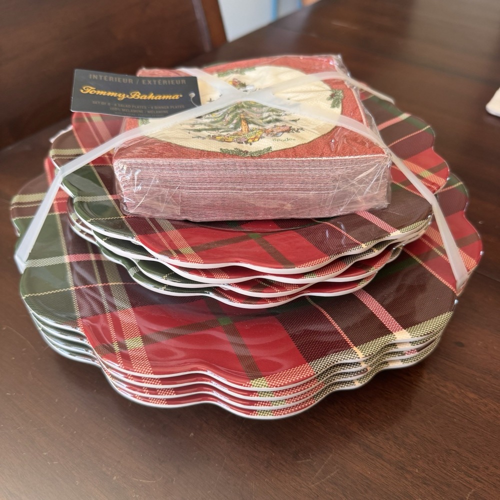 Set ~ 8 Plaid Christmas Melamine Dinner & Salad Plates & Napkin Tommy Bahama NEW